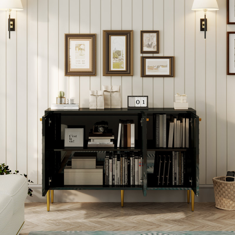 Ruslans 47.75'' Wide Sideboard With 3 - Door High Gloss Cabinets, Black