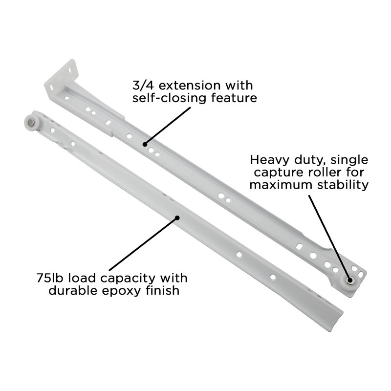 Glissières de tiroir à fermeture automatique de 18 po et capacité de 75 lb. Finition blanche, H 18 po x l 2,19 po x P 0,38 po
