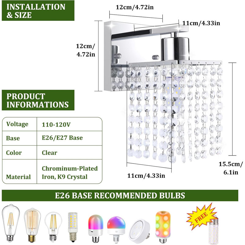 Modern Crystal Wall Sconce With Adjustable Corn Light, Clear Crystal Drops Shade & Base For Bedroom, Bathroom, Silver