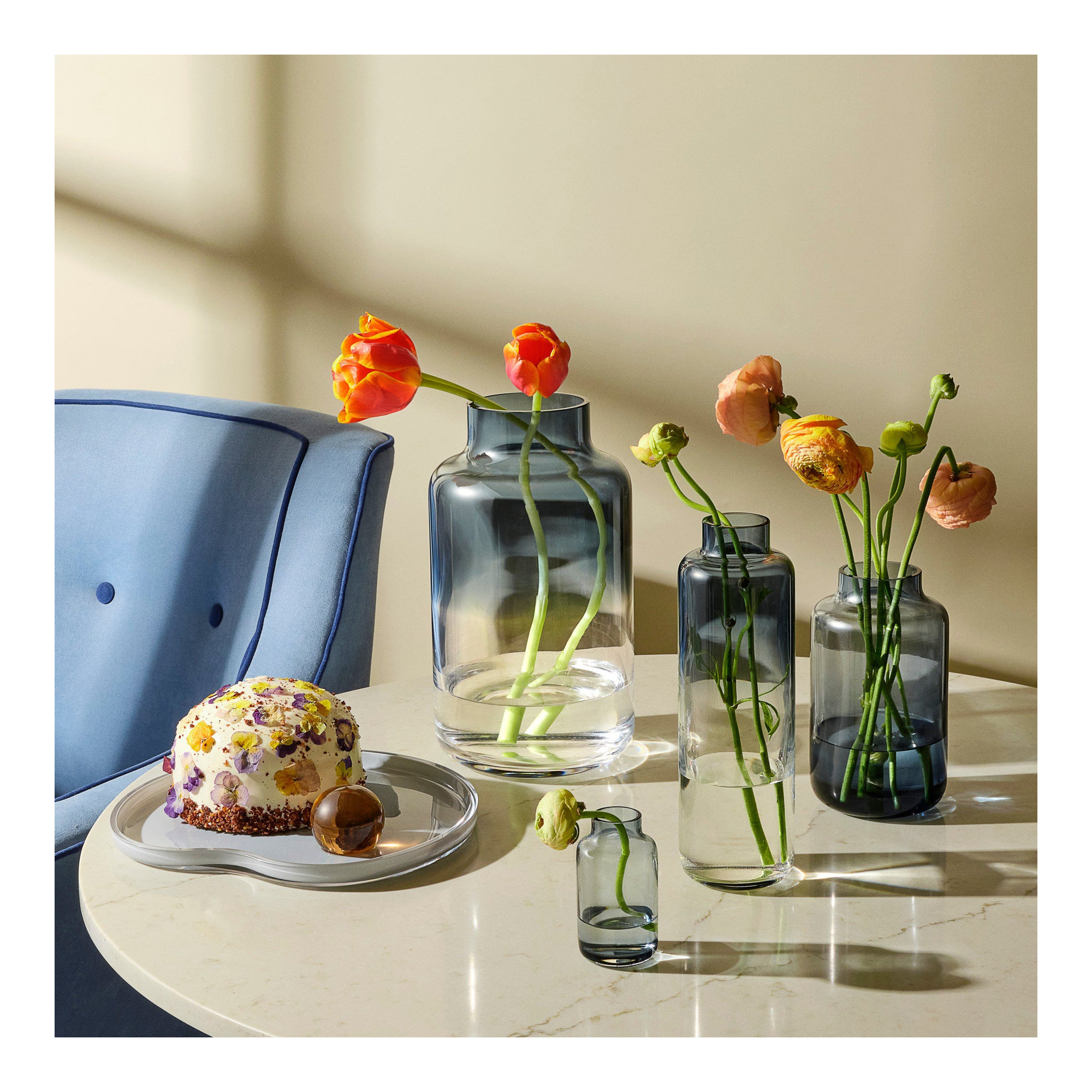 Magnolia Handmade Lead Free Crystal Table Vase, Steel Blue, overall height- 12.5"