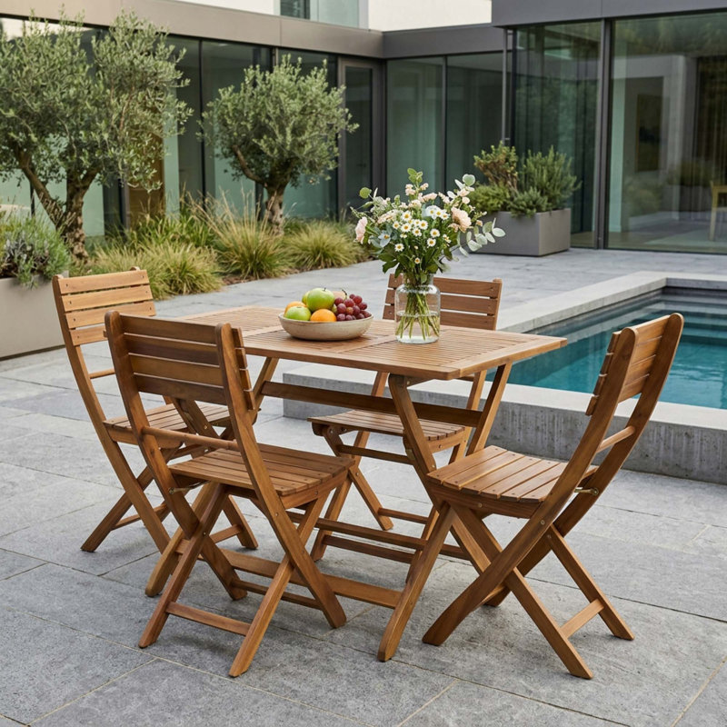 Ensemble repas d'extérieur en bois d'acacia naturel 5 pièces, Natural