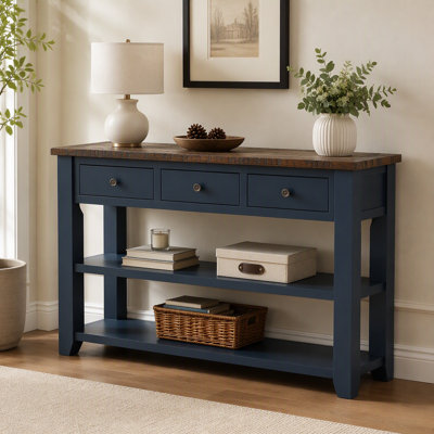 Console de 122 cm (48 po) avec plateau en pin massif, table d'appoint moderne pour canapé d'entrée, 3 tiroirs de rangement et 2 étagères, facile à assembler (bleu marine + plateau brun) (Ancienne référence : W120246667)