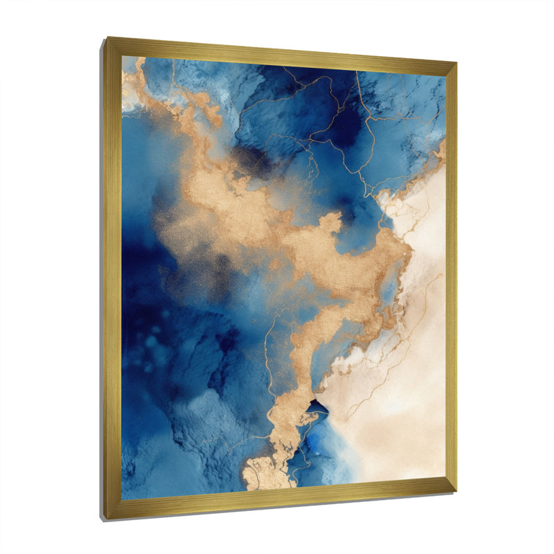"Blue and Gold Marble Clouds VII", reproduction d'art sur toile, Cadre doré à une seule photo, H 44 po x l 34 po x P 1,5 po