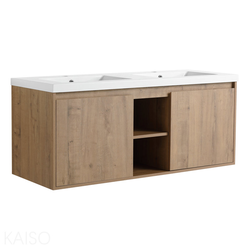 Meuble-lavabo mural 48 po avec lavabo double, charnière de porte à fermeture en douceur