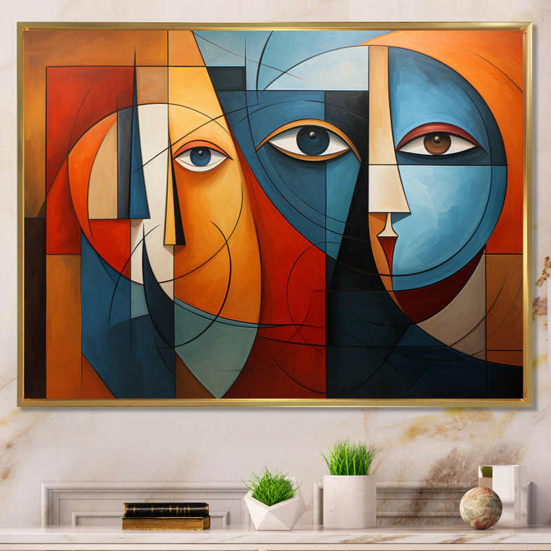 Cubisme géométrique Portrait X - cubisme, art mural, Cadre flottant doré, H 24 po x l 32 po x P 1 po