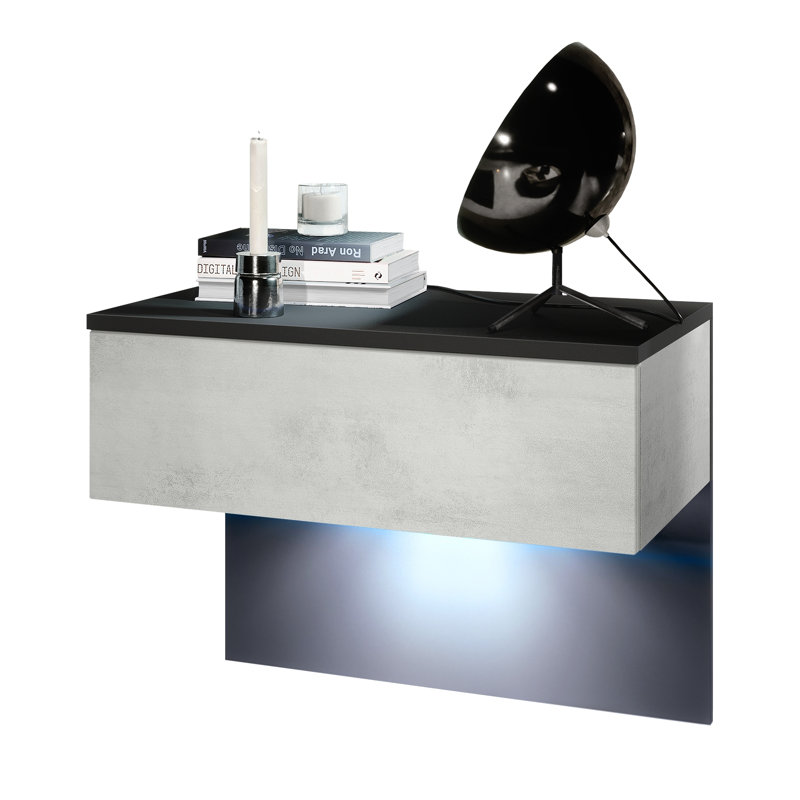 Leeward 60cm W Manufactured Wood Bedside Table, Concrete, Black