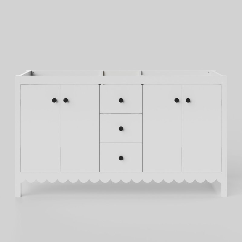 Meuble-lavabo à double cuve festonné 60 po - blanc - sans comptoir - boutons noirs, Blanc, Noir mat