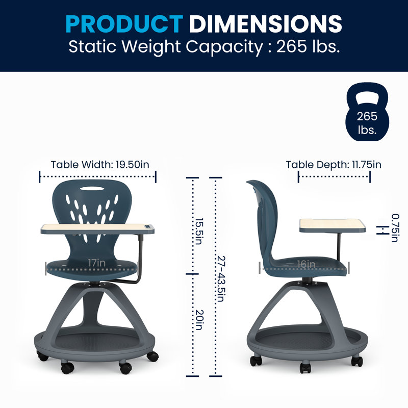  Mobile Desk Chair - 360° Tablet Rotation and Storage Cubby, Grey
