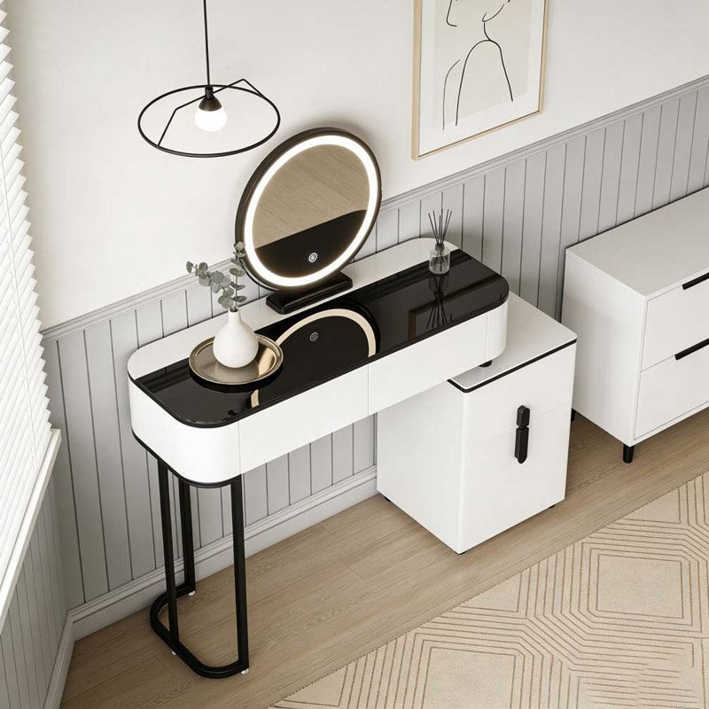 Modern Vanity Table with Tempered Glass Top, Adjustable Height Legs, Multi-functional Storage Cabinet and Round Mirror