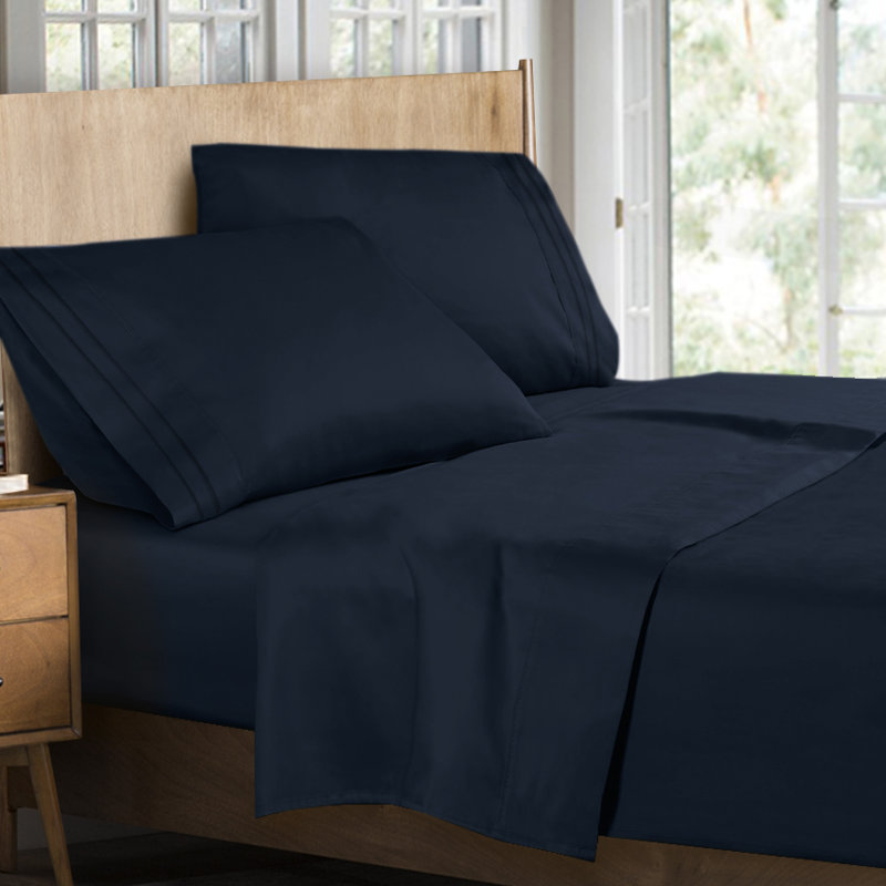 Microfiber Striped Sheet Set, Navy Blue, Queen Sheet Set + Fitted Sheet + 2 Pillowcases