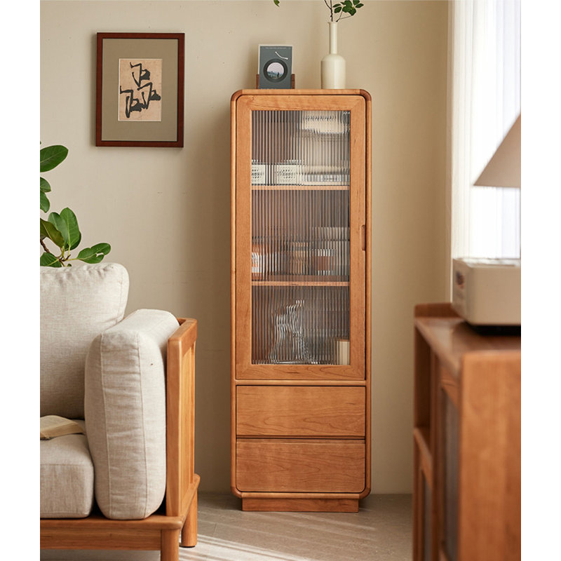 Vitrine moderne en cerisier, verre nervuré et tiroirs Modern