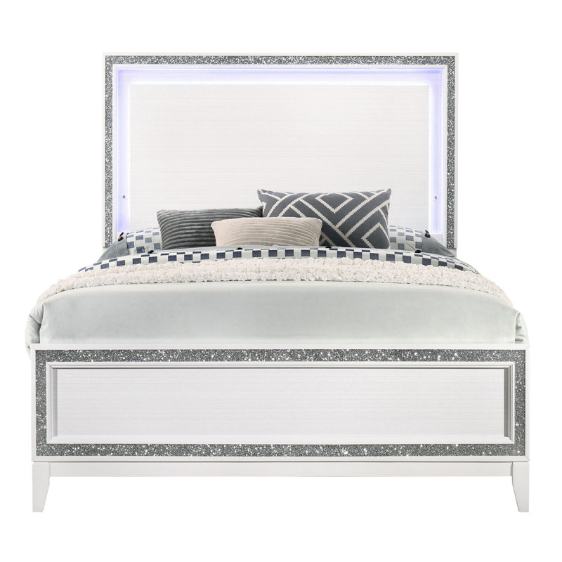 Grand lit moderne avec tête de lit à DEL lumineuse - blanc et éclat scintillant polyvalent