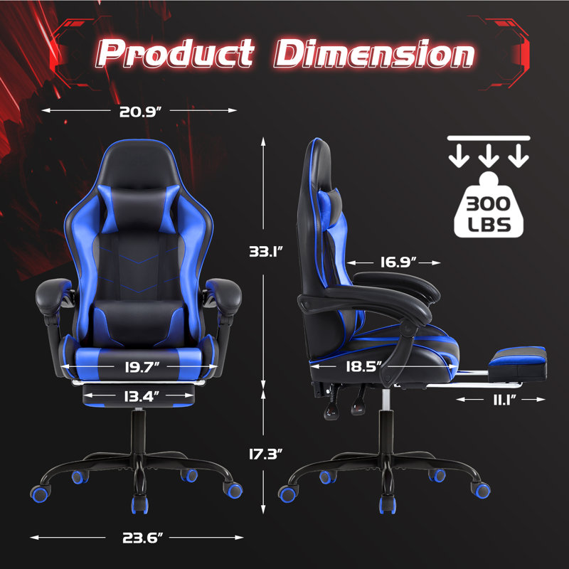 Adjustable Video Gaming Chair with Massage Swiveling PC & Racing Game Chair with Footrest, Black/Blue