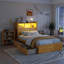 Petite chambre à coucher ou lit plateforme simple en bois massif avec rangement personnalisable et éclairage à DEL intégré, naturel chaleureux