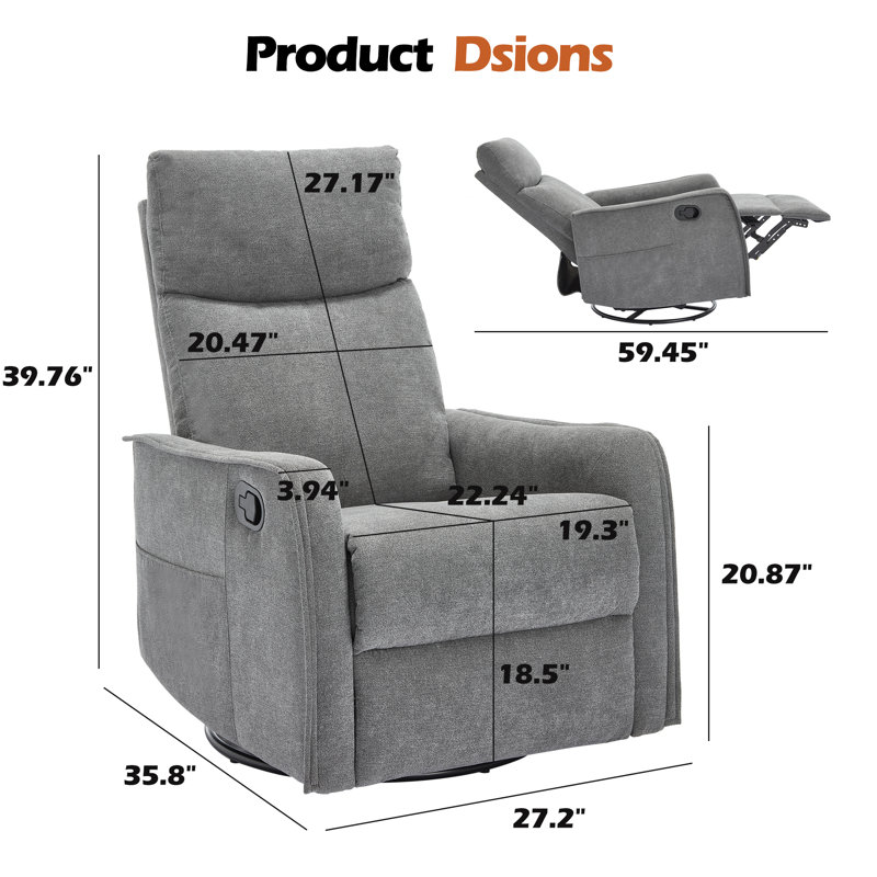 27'' W Manual Recliner Swivel Rocker Recliner With Massage And Heat, Gray