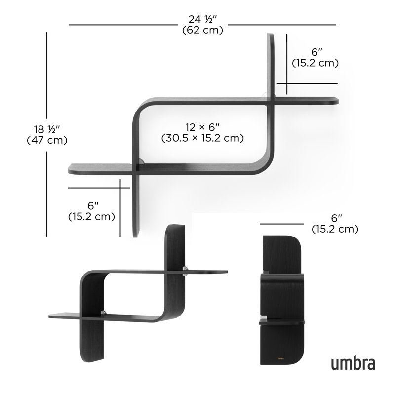 Black Rubberwood Modern Floating Wall Shelf Set