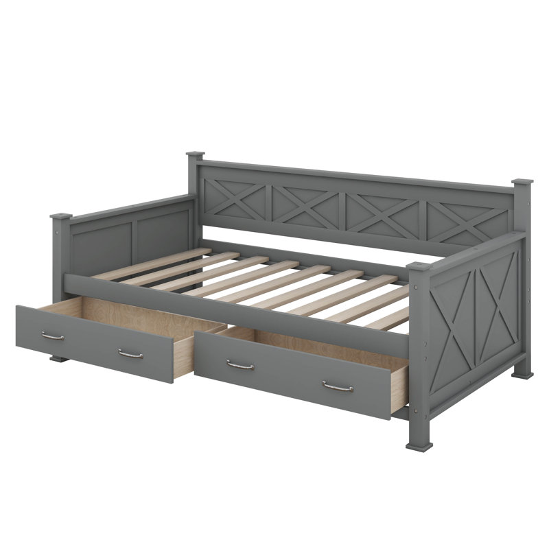 Twin Size Wood Daybed With 2 Storage Drawers, Wooden X-Shaped Bed Frame, Twin Storage Bed For Living Room, Bedroom, Gray
