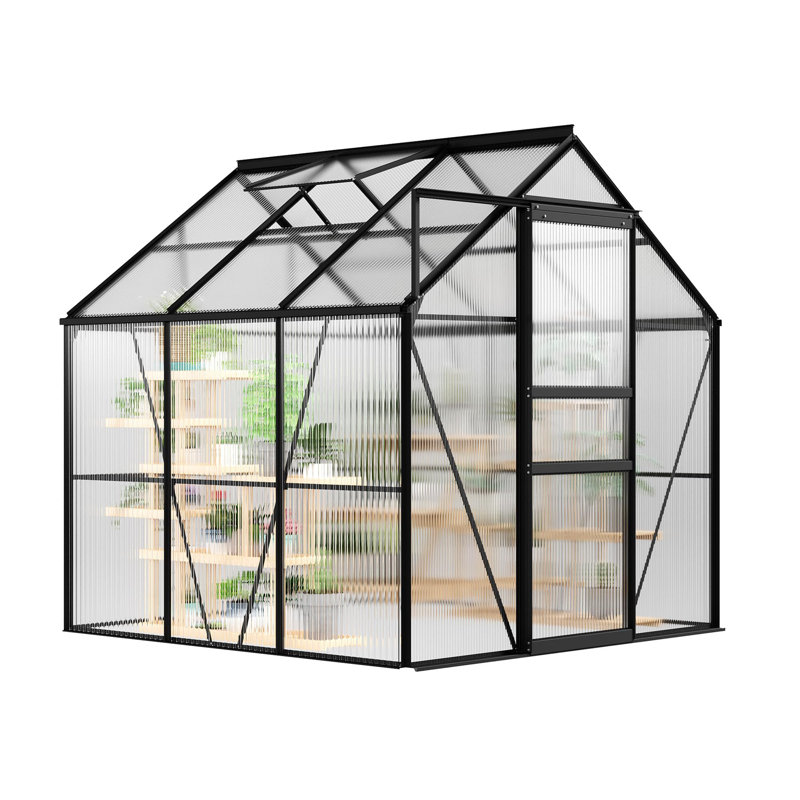 6x6 FT Walk-in Polycarbonate Greenhouse, Aluminum Frame, Sliding Door, Roof Vent, Outdoor Garden Shed