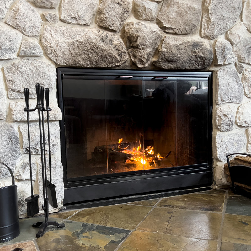Black Wrought Iron and Steel Fireplace Tool Set with Stand