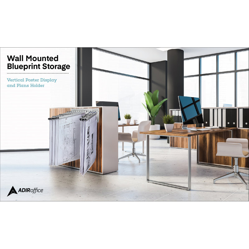 Black Metal Wall-Mounted Blueprint File Rack with Pivot Brackets