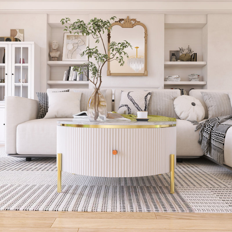 Table basse moderne avec 2 grands tiroirs de rangement Modern, Blanc cassé