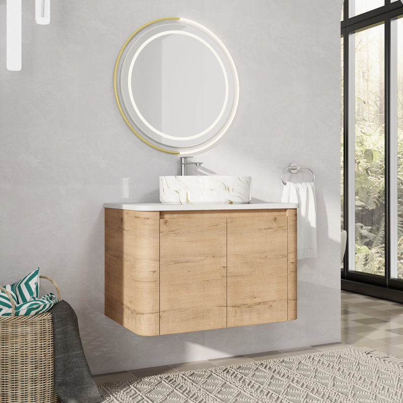 Meuble-lavabo mural simple avec lavabo en céramique, 30", Blanc / Doré
