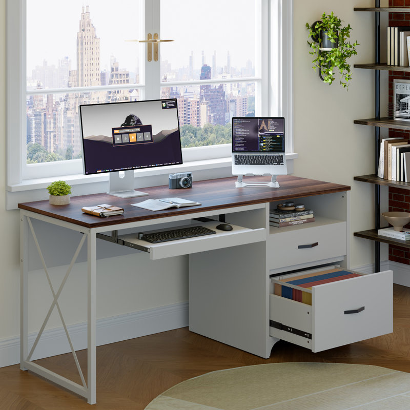 Bureau d'écriture avec plateau pour clavier Labelle, Noyer foncé / blanc