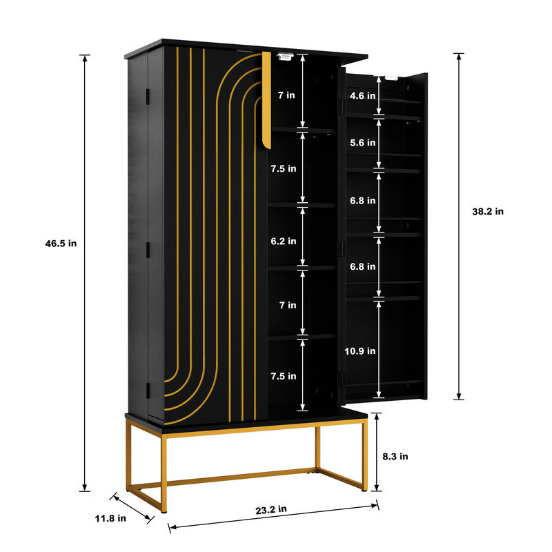 Tifaine 46.5" Kitchen Pantry with Adjustable Shelves, Black/Gold