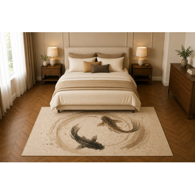 "Ultra Lightweight" 5'x7' Koi Fish Area Rug, Zen Japanese Ink Wash Watercolor Living Room Bedroom Office Decor, Non-Slip Silicone Backing Low Pile Carpet