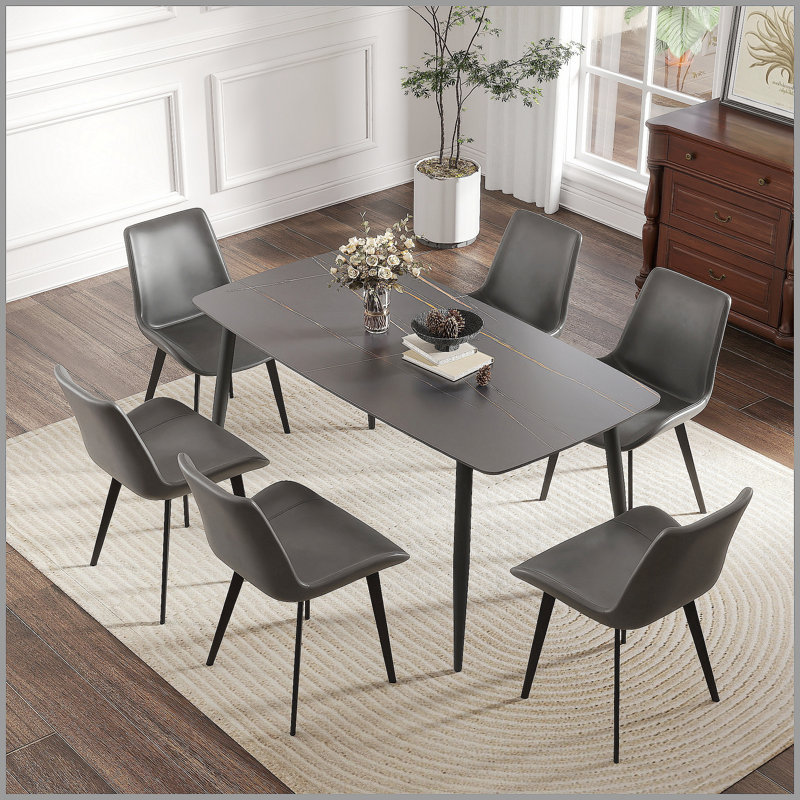 Table de salle à manger moderne en pierre artificielle avec bord incurvé et pieds en métal noir, pour 6 à 8 personnes, Black