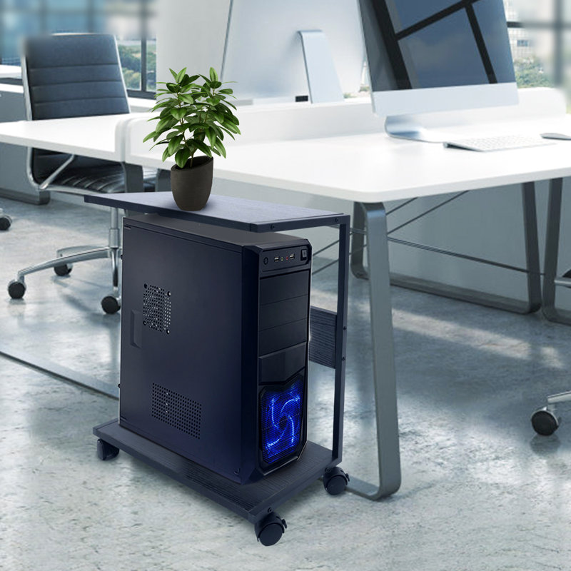 2-Tier CPU Stand Black Computer Tower Cart Mobile PC Holder with Wheels for Most Desktop CPU