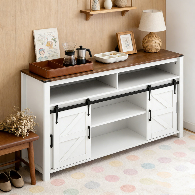 Buffet de ferme avec rangement ouvert 59,3 po avec porte de grange coulissante et panneaux grillagés, Naturel