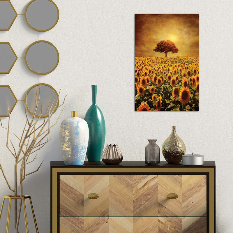 Lone Tree & Sunflowers Field by Viviana Gonzalez - Wrapped Canvas Painting, 66.04 cm H x 45.72 cm W x 1.91 cm D