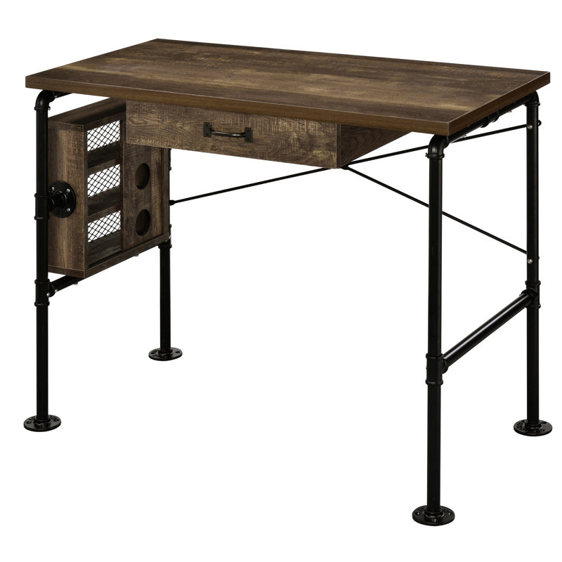 Bureau spacieux en chêne vieilli et noir pour un travail efficace avec tablette de rangement en métal