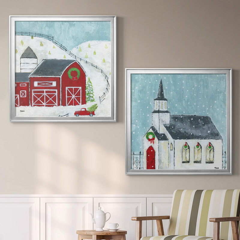 Christmas Barn - ensemble d'impressions 2 pièces, H 26,5 po x l 53 po x P 1,5 po, Toile encadrée argentée, Pas de tapis