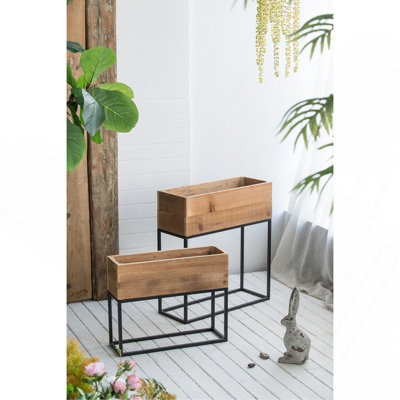 Ensemble de 2 boîtes en bois usagées avec support en fer noir, L: 21,5 x 8,5 x 23,5 po: 19,5 x 6,5 x 16 po