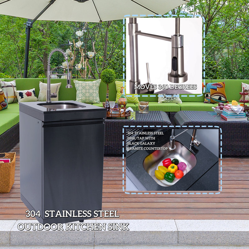 Îlot de cuisine de 43 pouces à 6 brûleurs et 85 000 BTU de cuisine au gaz en acier inoxydable pour barbecue et îlot de cuisine + réfrigérateur à vin compact + ensemble de rôtisserie + comptoirs en granite + évier en acier inoxydable