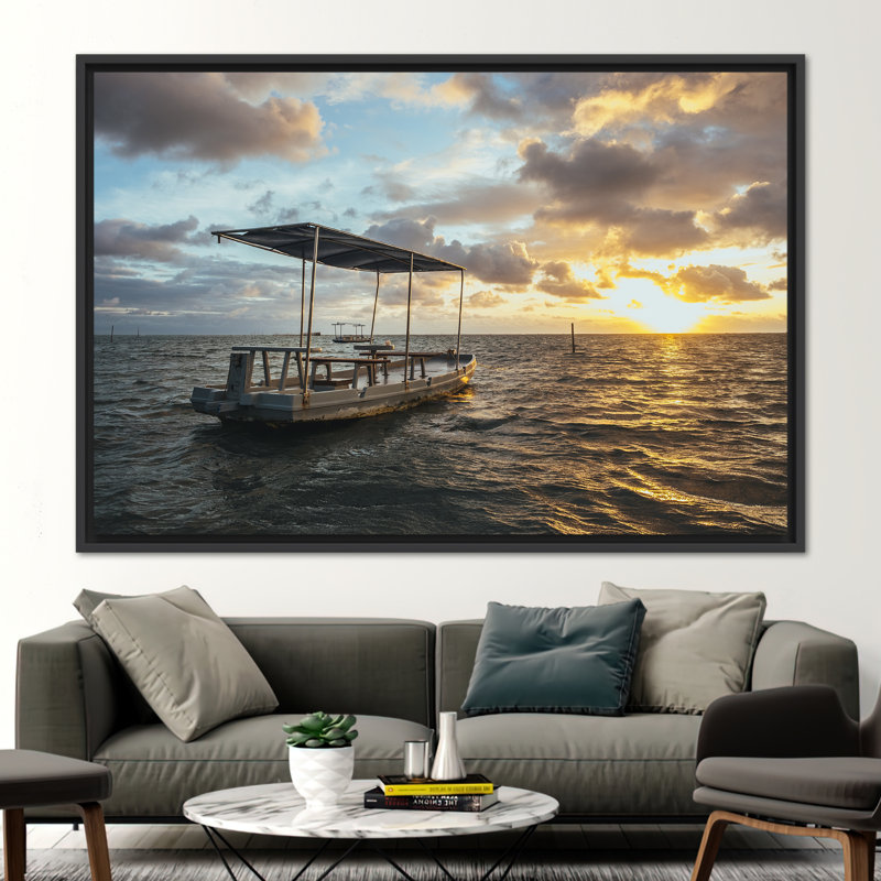 Coucher de soleil, art mural coucher de soleil avec bateau - impression sur toile inspirée de la nature, H 41 po x l 94 po
