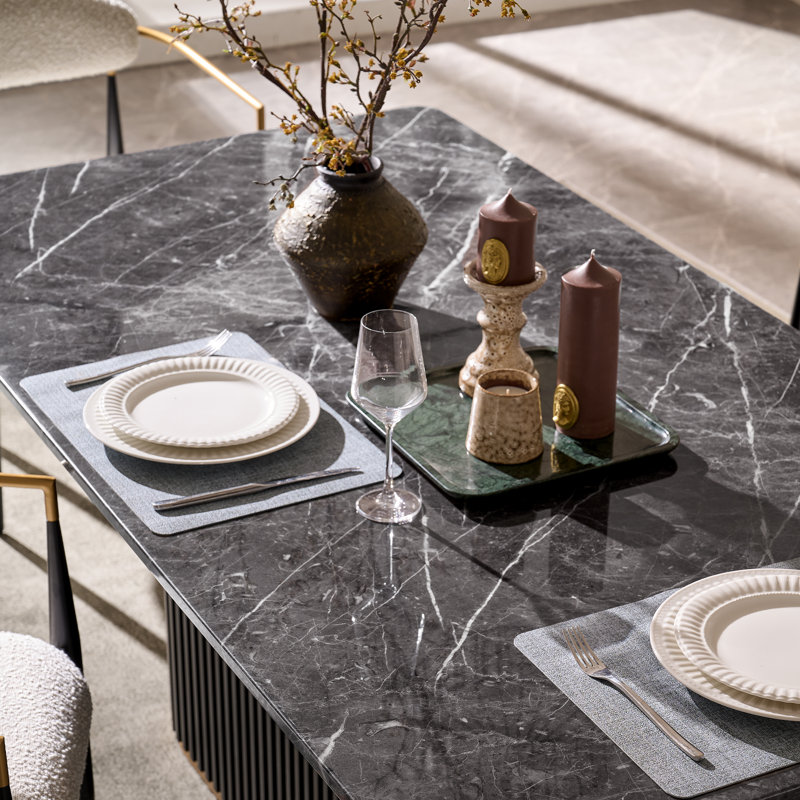 Table de salle à manger en faux marbre pour 6 personnes, avec base en métal, Gris