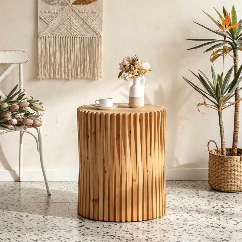 Retro Cylindrical Side Table, Vertical Texture Relief Design with Solid Fir Wood Details, No Assembly Required