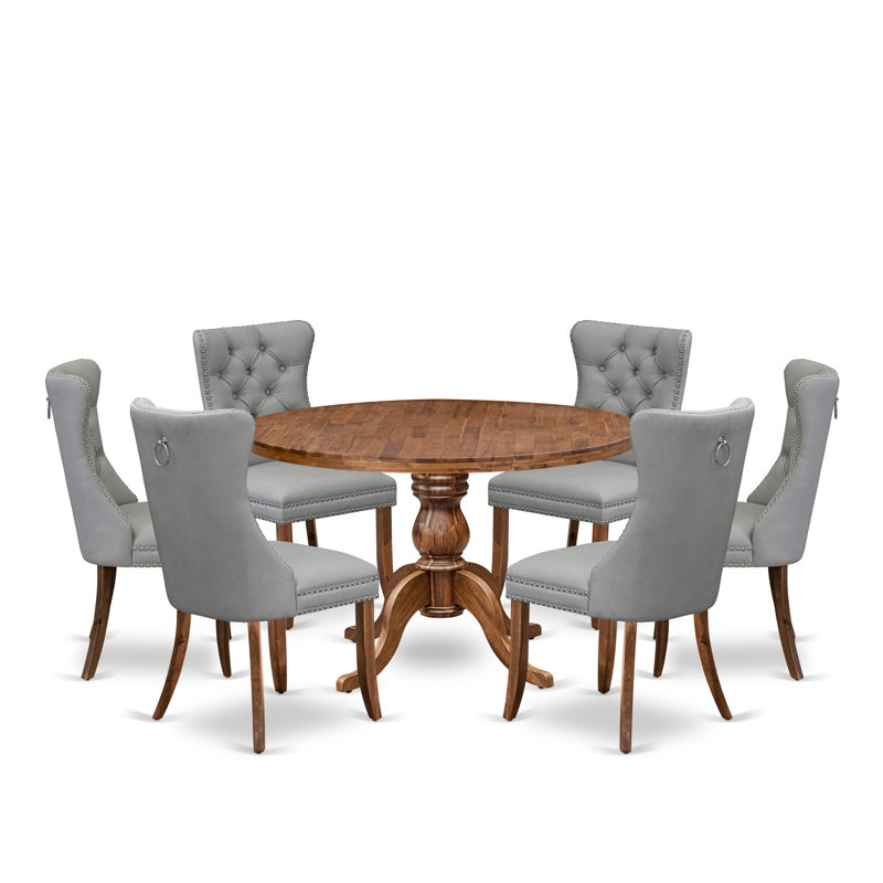 L'ensemble de salle à manger 7 pièces contient une table de salle à manger de style Mid-Century et 6 chaises en tissu de polyester gris clair avec dossier capitonné, noyer antique