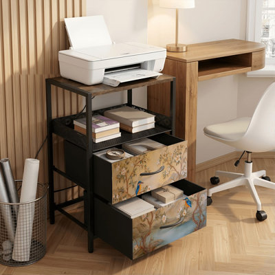 Table de chevet 2 tiroirs avec station de charge, table de chevet pour chambre à coucher avec ports USB, tablette ouverte noire, table de chevet avec imprimé fleurs de mer bleu orange