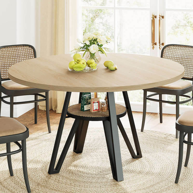 47.2 Inch Round Dining Table For 4, Kitchen Table With Rattan Storage Shelf, Natural, Natural Wood