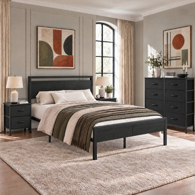 Industrial 4-Piece Bedroom Set, Metal Platform Bed Frame with 2 Nightstands & 8-Drawer Dresser
