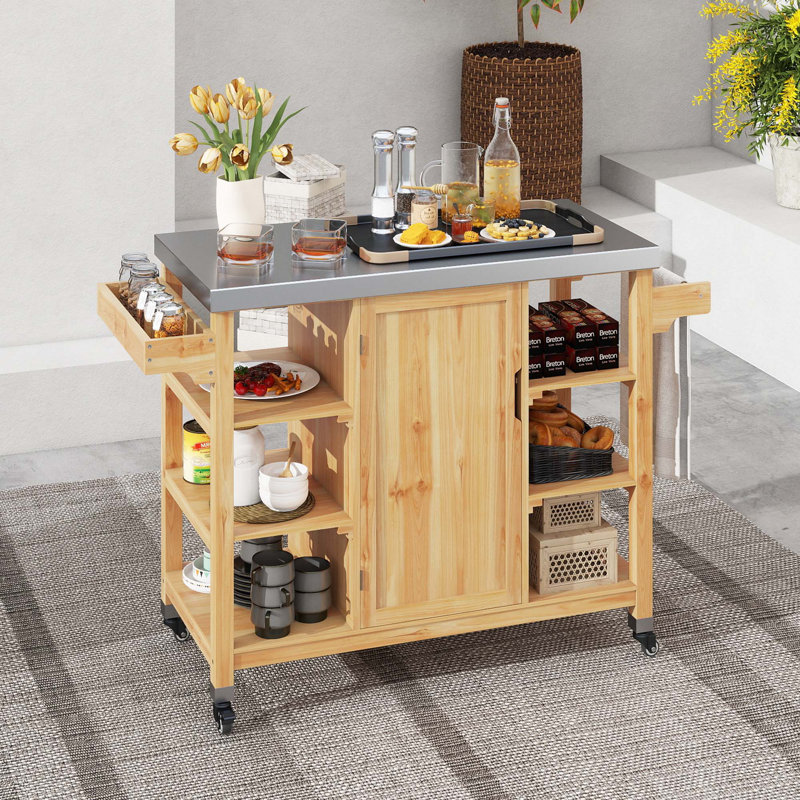 Gracie Oaks Bar Cart with Solid Wood Outer Material, Natural Wood