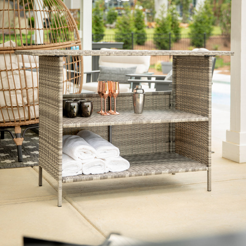 Rimah Rectangular Indoor/Outdoor Wicker Rattan Patio Bar Counter Table with Two Shelves, Gray, Gray