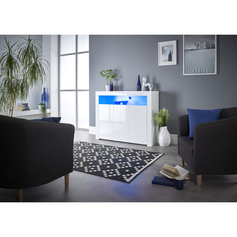Aube White 3 Door Sideboard Buffet with Lights . Glossy 
