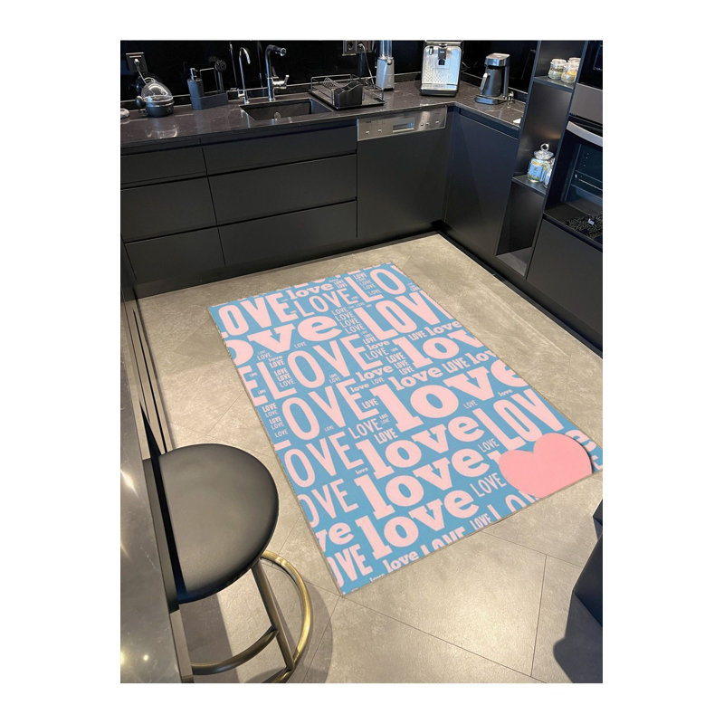 Machine Washable Light Blue Mixed Love Text Patterned Modern Decorative Rug, Rectangle 5'1" x 7'7"