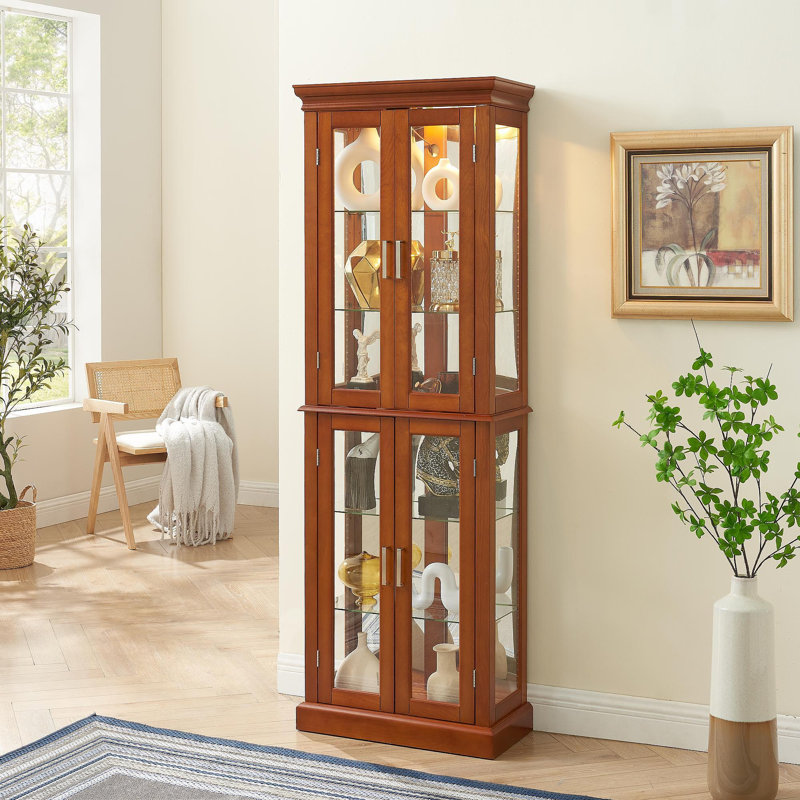 Curio Cabinet Lighted Curio Diapaly Cabinet With Adjustable Shelves And Mirrored Back Panel, Tempered Glass Doors (Walnut, 6 Tier), (E26 Light Bulb Not Included)