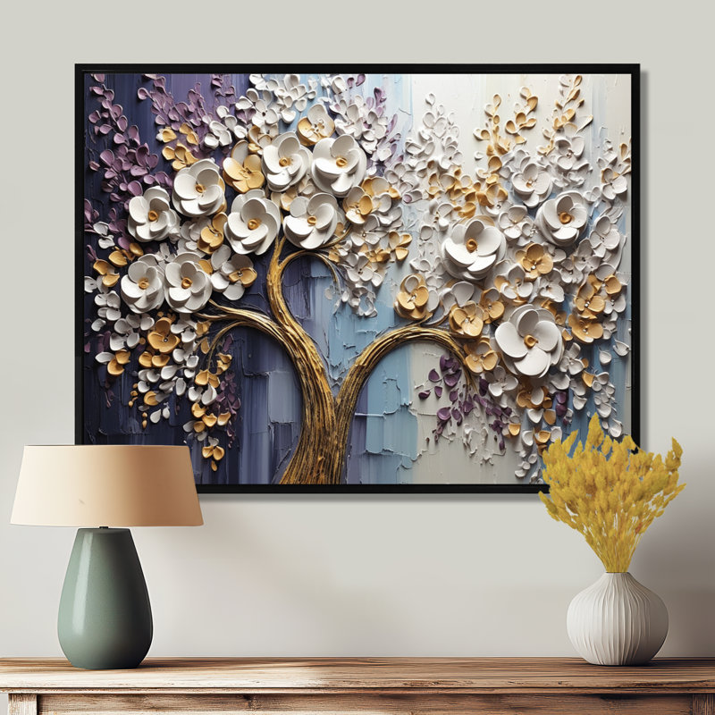 Arbre en fleurs avec fleurs blanches II, H 24 po x l 32 po, Cadre flottant noir, bois massif